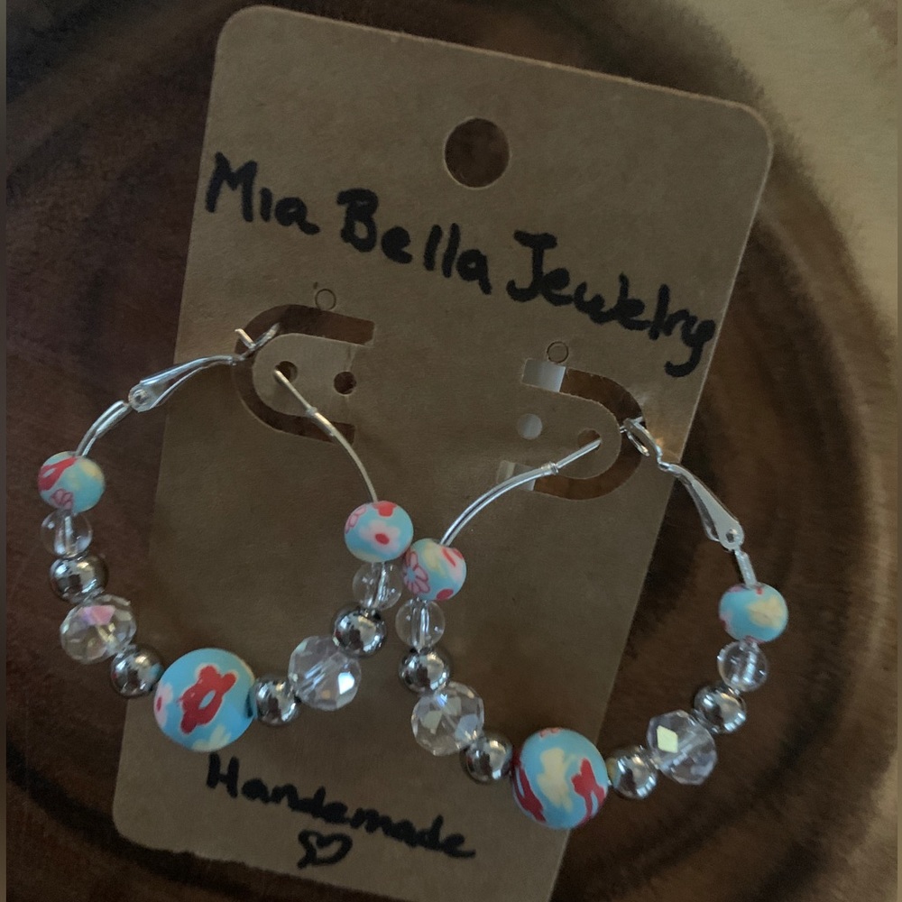 Sterling Silver 1 1/2” Hoop Earrings Blue/clear Beads